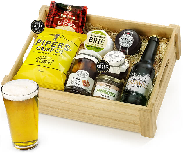 Anniversary & Wedding Ploughman's Choice in Wooden Crate With Beer